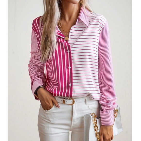 Rouge! Tops - Striped Pink White Button Down Shirt Long Sleeve